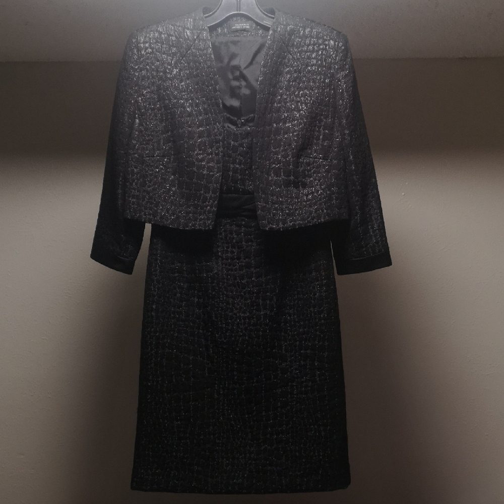 Tahari Black Textured Cropped Blazer and Sheath Dress Set
